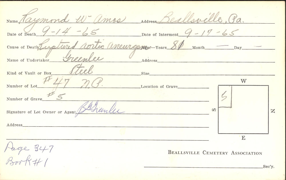 Raymond W. Amos burial card